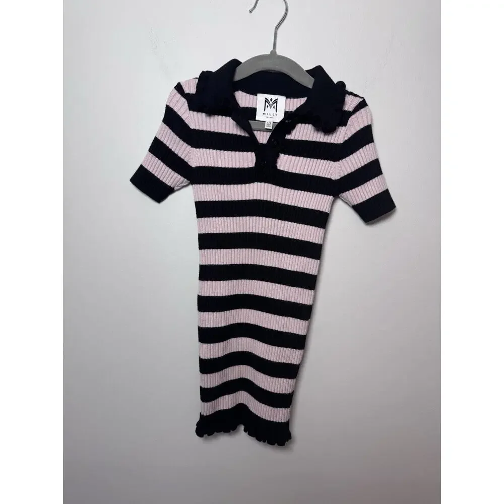Milly Minis Girls Ribbed Striped Ruffle-Trim Polo Dress Size 4/5